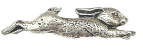 Detailed pewter running hare pin badge with butterfly clutch fastening on a white background.