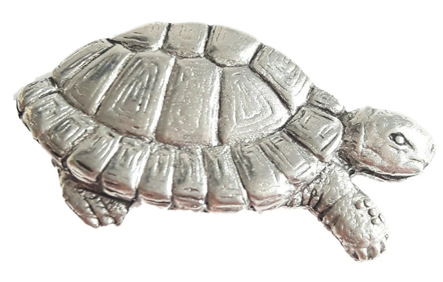 Detailed pewter tortoise pin badge with butterfly clutch fastening on a white background.