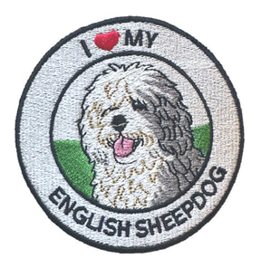 Round embroidered patch featuring an English Sheepdog with the text "I Love My English Sheepdog", black stitched border and white background, suitable for iron-on or sew-on application.
