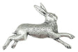 Detailed pewter leaping hare pin badge with butterfly clutch fastening on a white background.