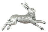 Detailed pewter leaping hare pin badge with butterfly clutch fastening on a white background.