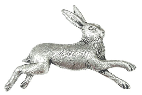 Detailed pewter leaping hare pin badge with butterfly clutch fastening on a white background.