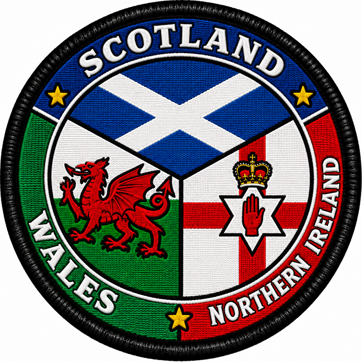 Round embroidered patch with Scotland Saltire, Welsh red dragon and Northern Ireland red hand flag design, country names and black border
