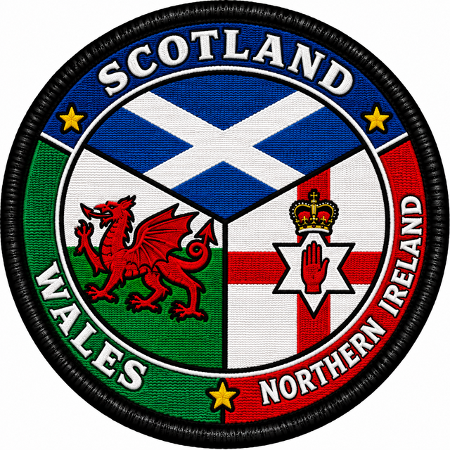 Round embroidered patch with Scotland Saltire, Welsh red dragon and Northern Ireland red hand flag design, country names and black border