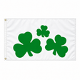 Shamrock flag with three green shamrocks of different sizes on white background
