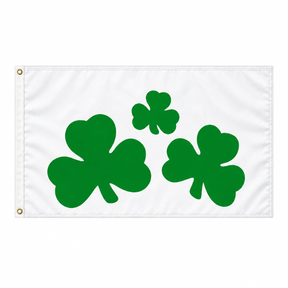 Shamrock flag with three green shamrocks of different sizes on white background
