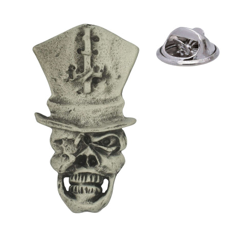 Gothic skull with tall top hat and cross emblem antique silver-tone lapel pin badge