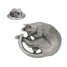 Sleeping curled-up cat pewter lapel pin badge with butterfly clutch fastening