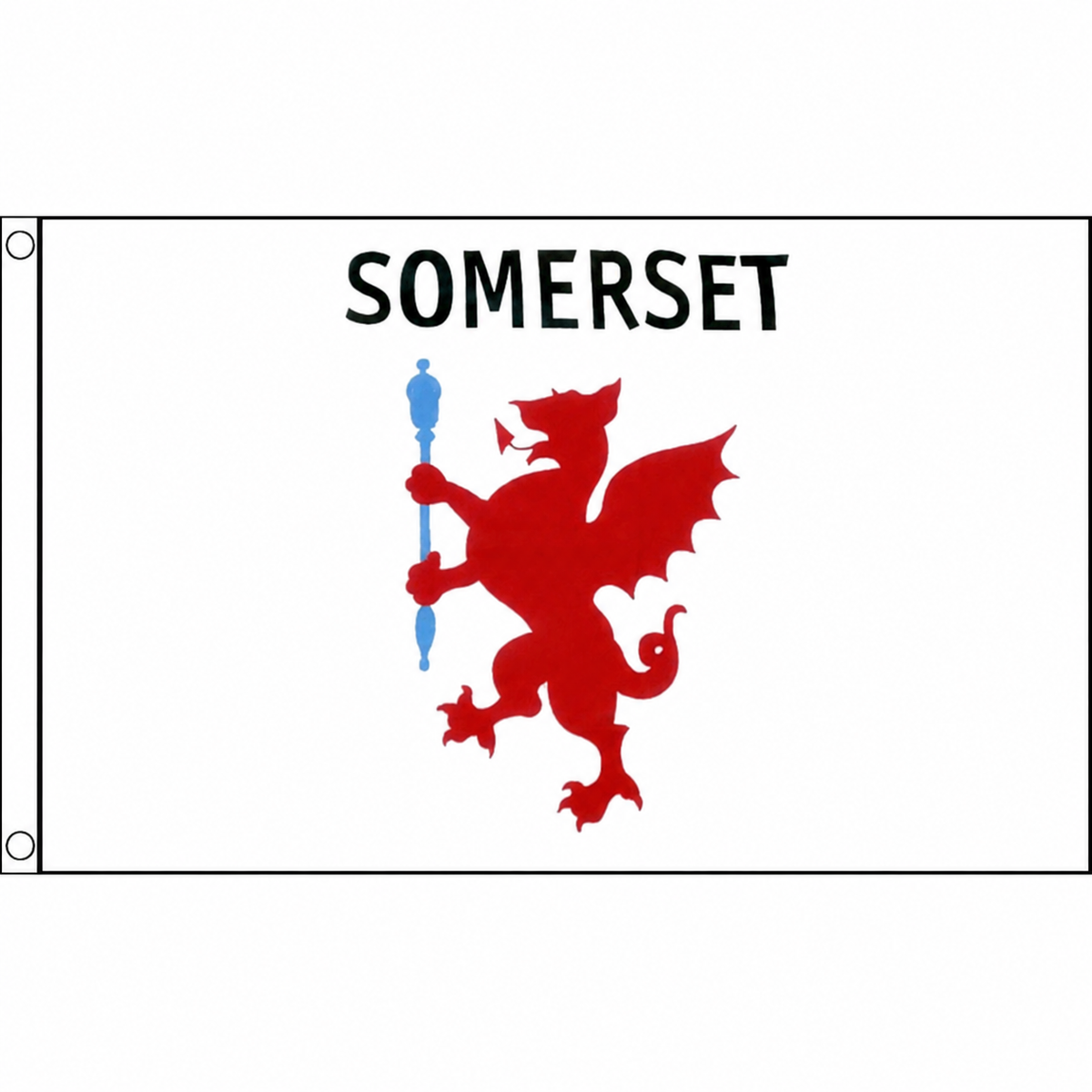 Somerset old county flag with red wyvern holding blue staff and SOMERSET lettering on white, 5ft x 3ft