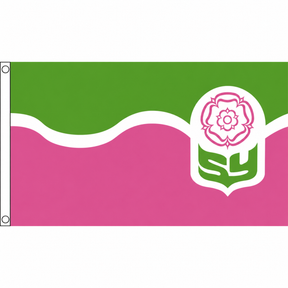 South Yorkshire county flag in green and pink with white wavy stripe, rose and SY shield, 5ft x 3ft