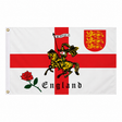 England St George Charger flag with mounted knight on red cross three lions shield and red rose