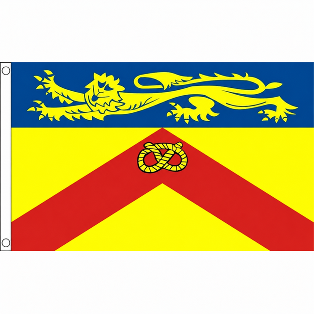 Staffordshire old with crest county flag with gold lion on blue above red chevron and Stafford knot on yellow, 5ft x 3ft