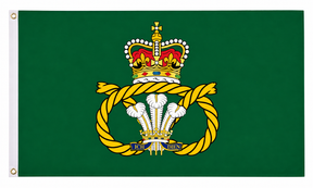 Staffordshire Regiment flag with crown, knot and Prince of Wales feathers on green