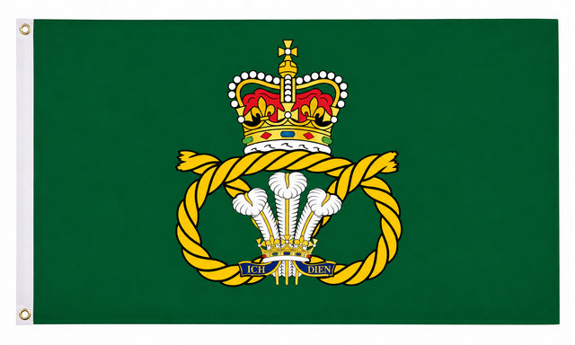 Staffordshire Regiment flag with crown, knot and Prince of Wales feathers on green