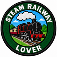 Round 80mm embroidered patch showing a black and red steam locomotive with carriages, framed by a green ring with STEAM RAILWAY LOVER lettering, finished with a black border.