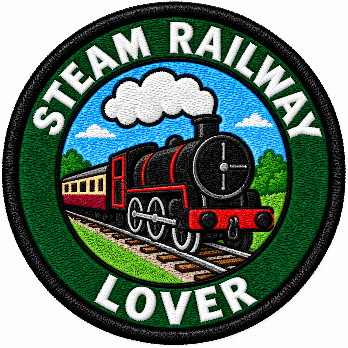 Round 80mm embroidered patch showing a black and red steam locomotive with carriages, framed by a green ring with STEAM RAILWAY LOVER lettering, finished with a black border.