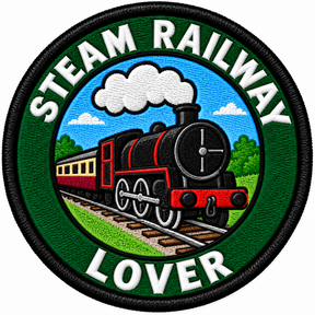 Round 80mm embroidered patch showing a black and red steam locomotive with carriages, framed by a green ring with STEAM RAILWAY LOVER lettering, finished with a black border.