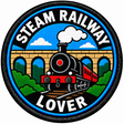Round 80mm embroidered patch showing a black and red steam train in front of a stone viaduct, with STEAM RAILWAY LOVER lettering on black and blue trim, finished with a black border.