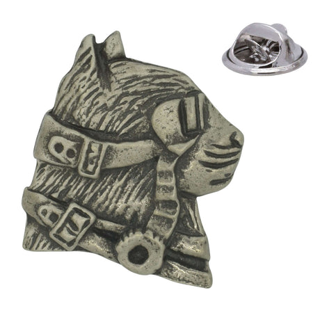Steampunk cat head pewter lapel pin with goggles, buckled straps and butterfly clutch fastening