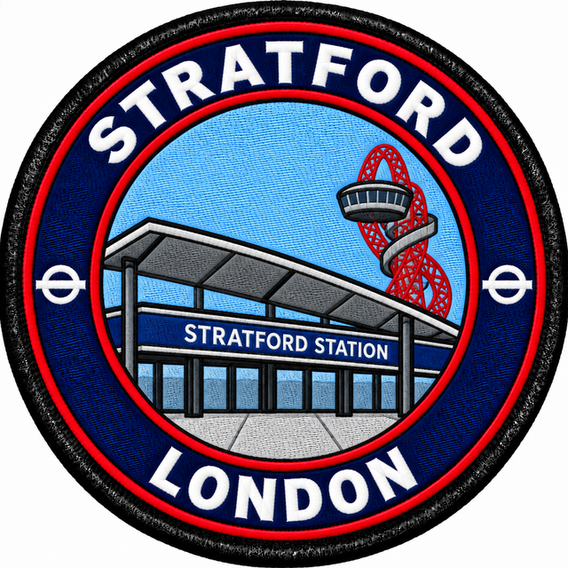 Round 80mm embroidered patch showing Stratford station with a red looping tower behind it, framed by STRATFORD and LONDON lettering, finished with a black border.