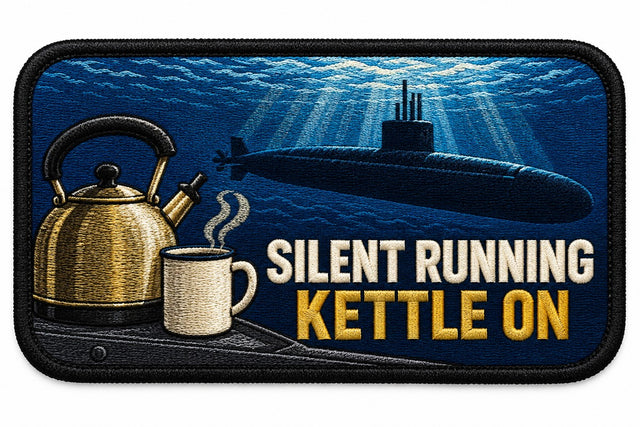 Silent Running Kettle On embroidered patch design preview - 120mm