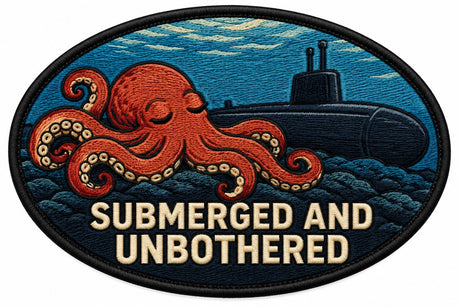 Submerged And Unbothered embroidered patch design preview - 120mm