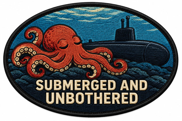 Submerged And Unbothered embroidered patch design preview - 120mm