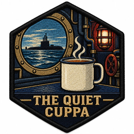 The Quiet Cuppa embroidered patch design preview - 110mm