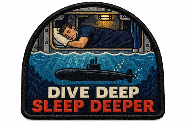 Dive Deep Sleep Deeper embroidered patch design preview - 120mm