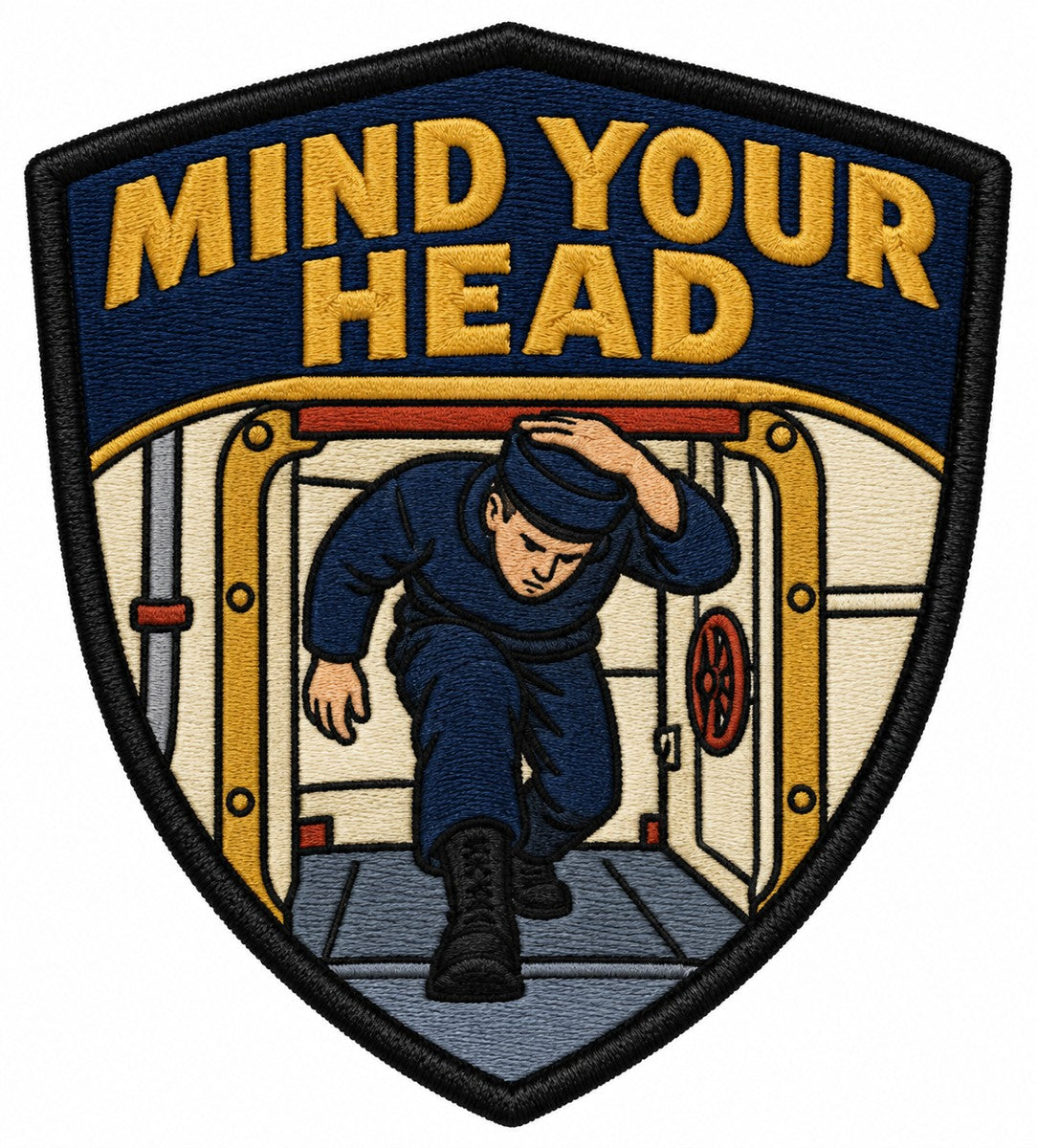 Mind Your Head embroidered patch design preview - 110mm
