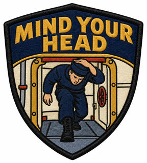 Mind Your Head embroidered patch design preview - 110mm