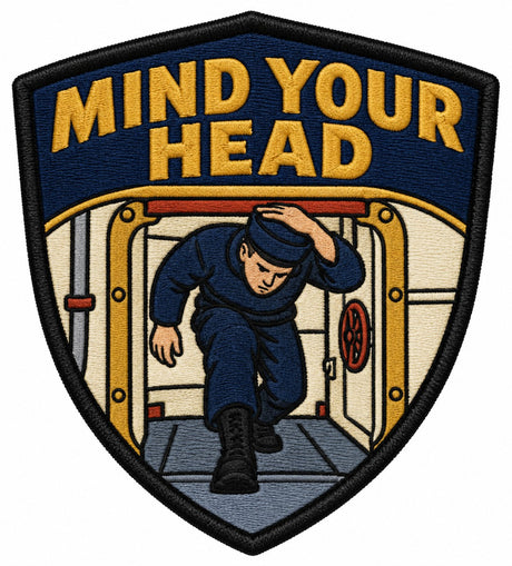 Mind Your Head embroidered patch design preview - 110mm
