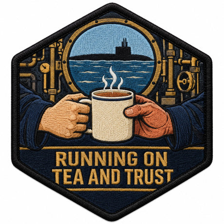 Running On Tea And Trust embroidered patch design preview - 120mm