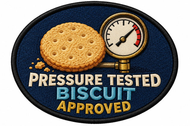 Pressure Tested Biscuit Approved embroidered patch design preview - 130mm