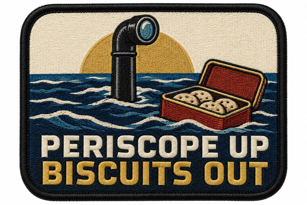 Periscope Up Biscuits Out embroidered patch design preview - 130mm