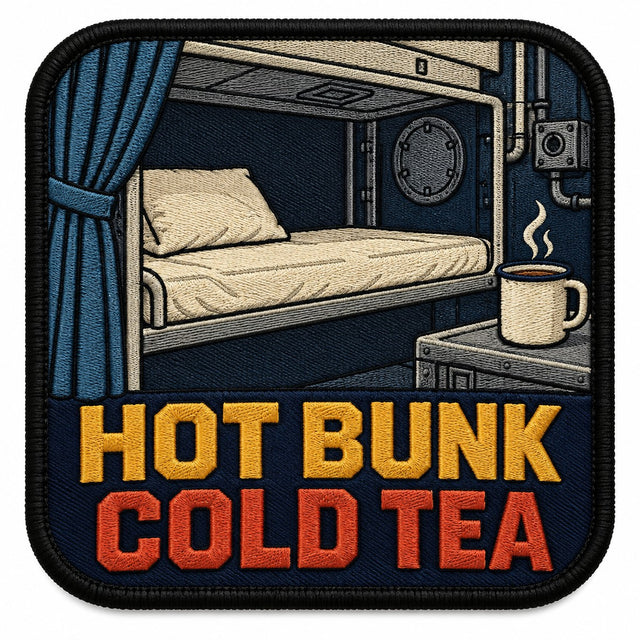 Hot Bunk Cold Tea embroidered patch design preview - 110mm
