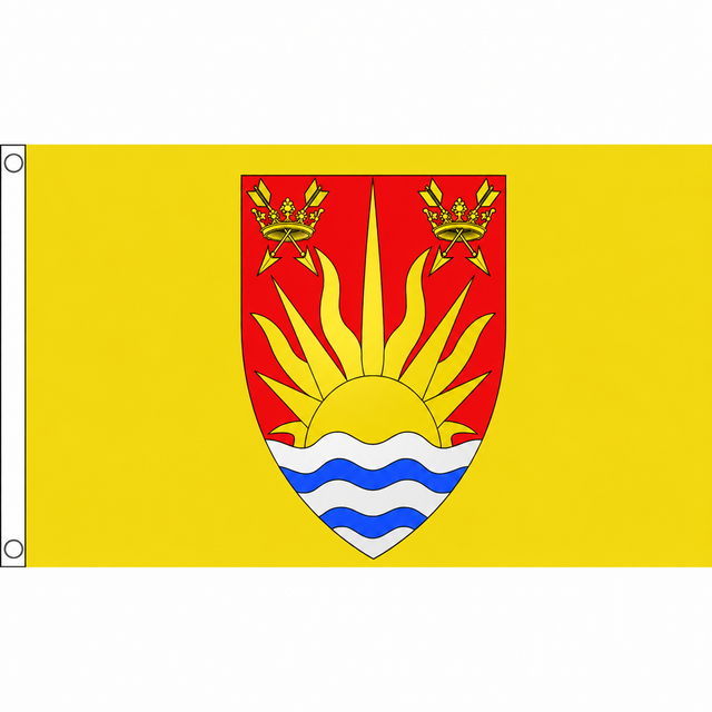 Suffolk old county flag with red shield, rising sun, crowns and arrows and blue and white waves on yellow, 5ft x 3ft