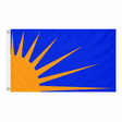 Sunburst flag with orange-gold sun and pointed rays extending from the lower left across a blue background