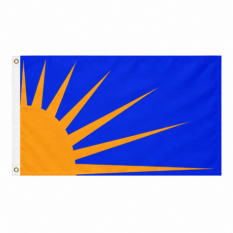 Sunburst flag with orange-gold sun and pointed rays extending from the lower left across a blue background