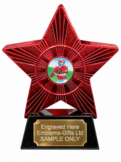 Red Superstar American Football Resin Trophy 140 x 125mm (A1) with small American Football centre