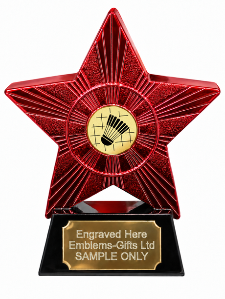 Red Superstar Badminton Resin Trophy 140 x 125mm (A1) with small Badminton centre