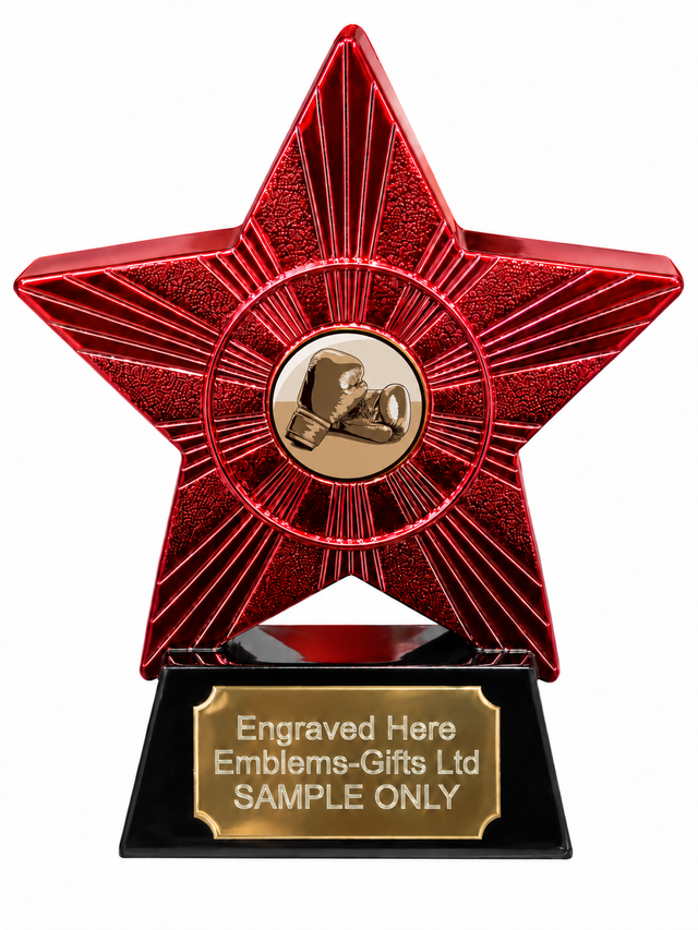 Red Superstar Boxing Gloves Classic Resin Trophy 140 x 125mm (A1) with small Boxing Gloves Classic centre