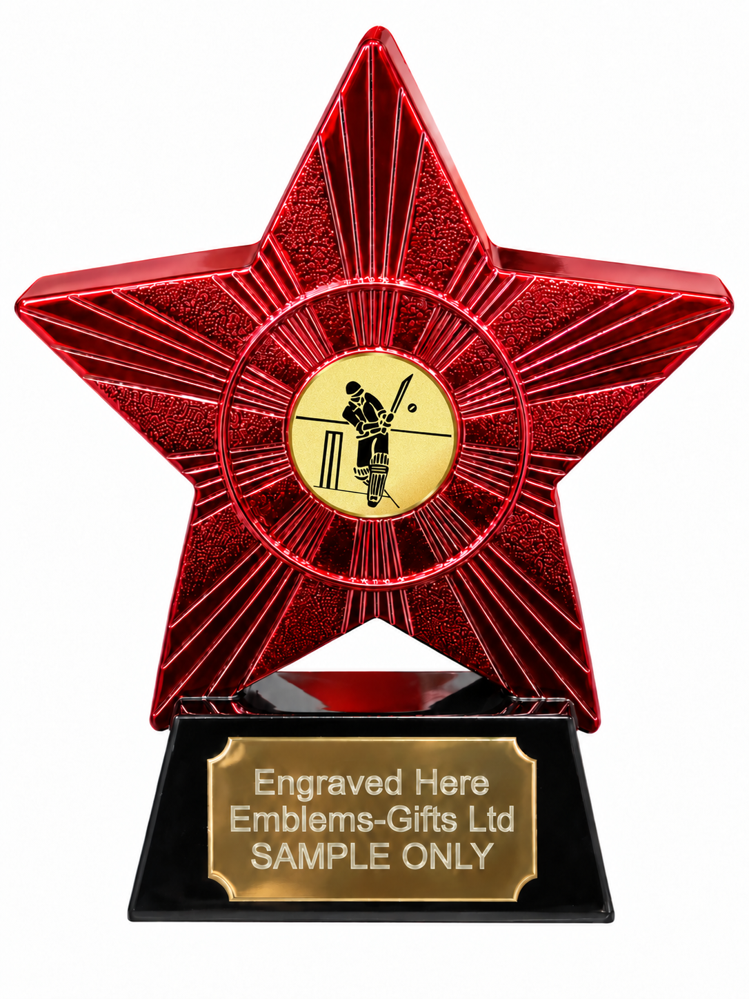 Red Superstar Cricket Batsman Gold Resin Trophy 140 x 125mm (A1) with small Cricket Batsman Gold centre