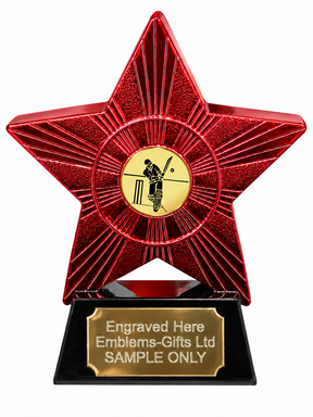 Red Superstar Cricket Batsman Gold Resin Trophy 140 x 125mm (A1) with small Cricket Batsman Gold centre