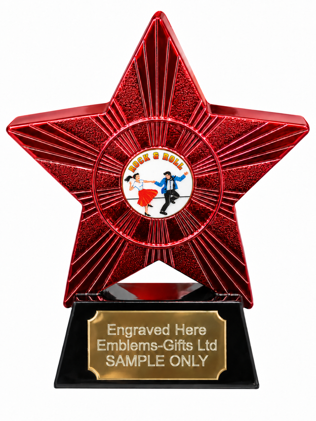 Red Superstar Rock and Roll Dancing Resin Trophy 140 x 125mm (A1) with small Rock and Roll Dancing centre