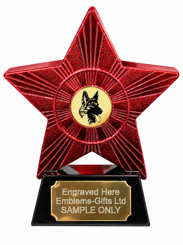 Red Superstar German Shepherd Gold Resin Trophy 140 x 125mm (A1) with small German Shepherd Gold centre