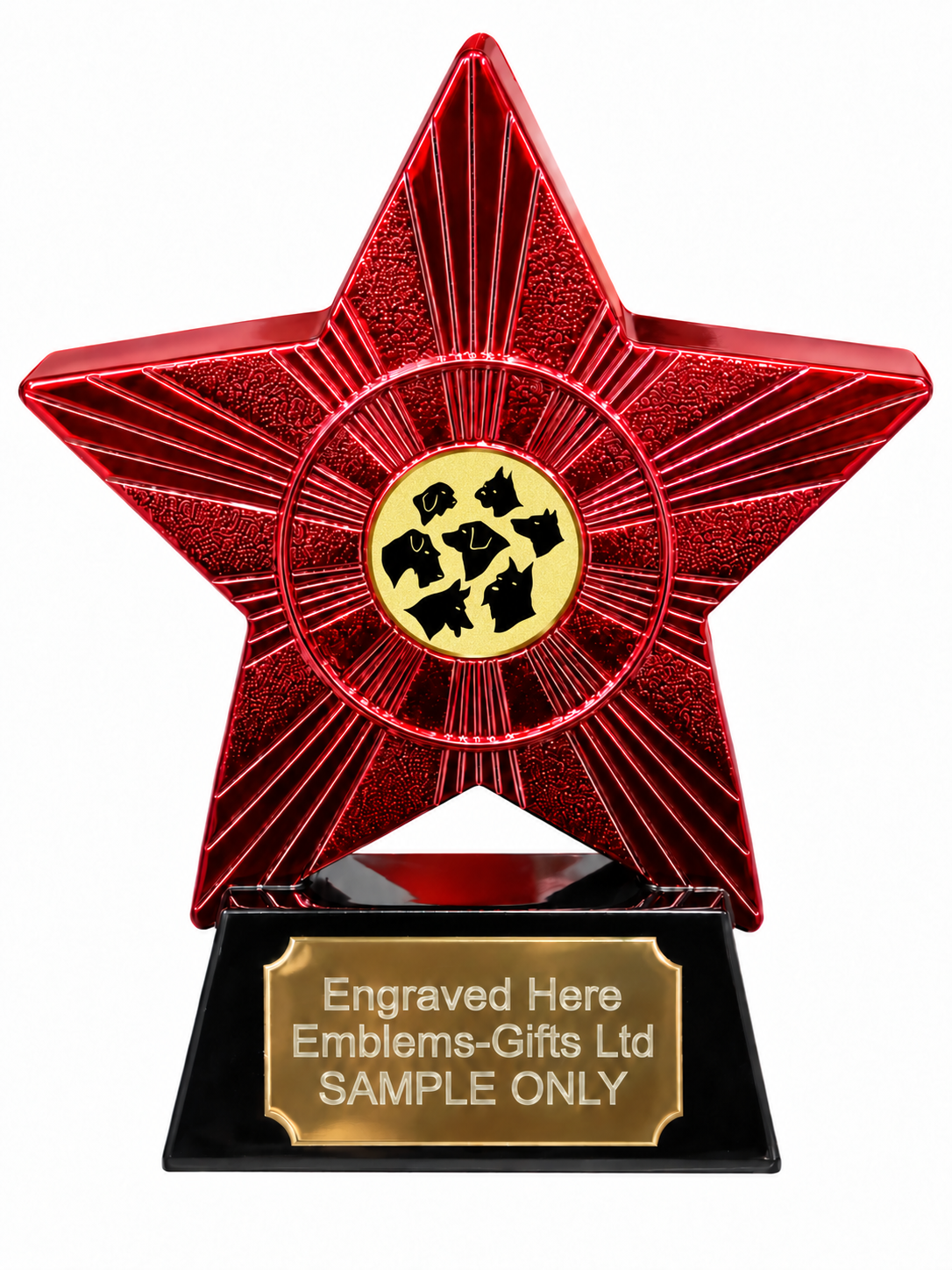 Red Superstar Dog Breeds Gold Resin Trophy 140 x 125mm (A1) with small Dog Breeds Gold centre