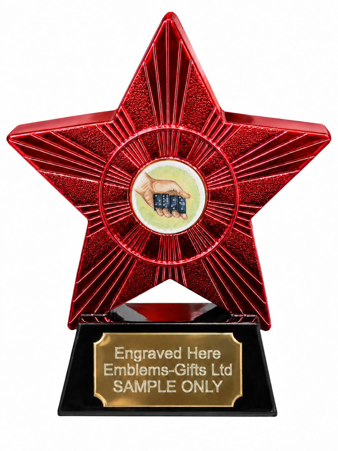 Red Superstar Dominoes Classic Resin Trophy 140 x 125mm (A1) with small Dominoes Classic centre