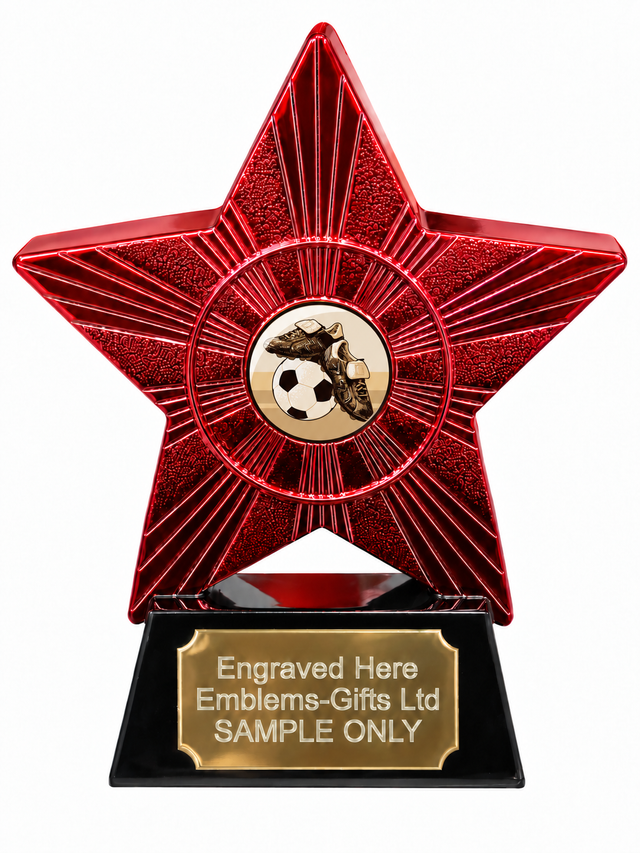 Red Superstar Football Boots and Ball Resin Trophy 140 x 125mm (A1) with small Football Boots and Ball centre