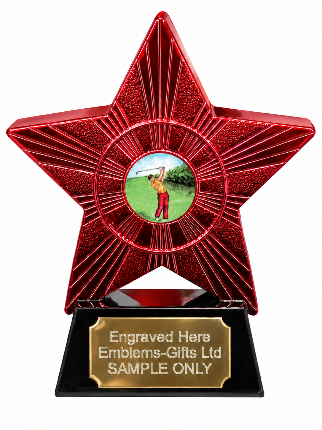 Red Superstar Golfer Swing Resin Trophy 140 x 125mm (A1) with small Golfer Swing centre